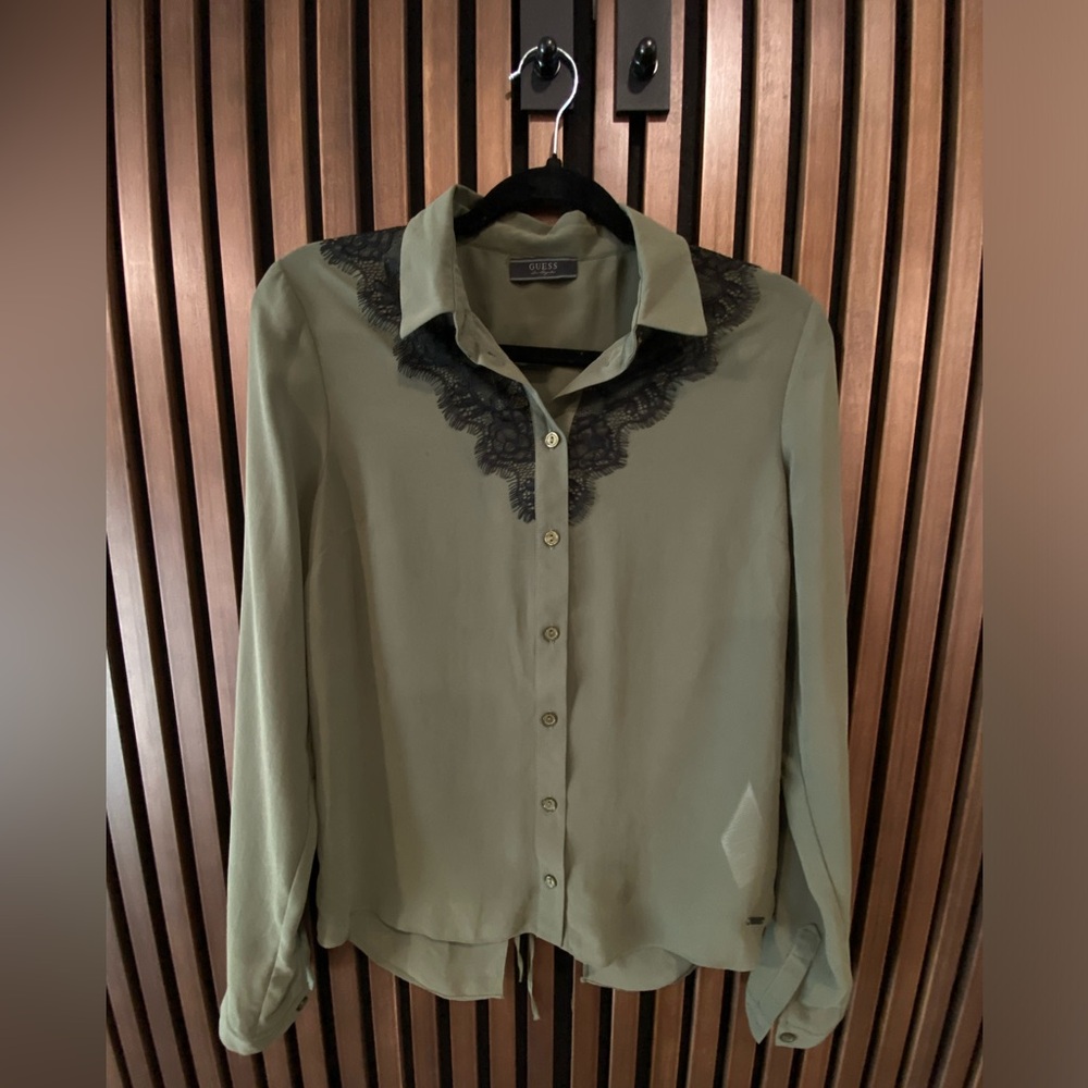 Guess | Sheer Button Down Top | Size S | Green - image 1